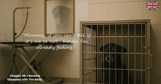 Dog in a vet’s grooming room cage with ghostly reflection of George in a mirror — Chapter 36 I Become Obsessed with The Body, Finding George story