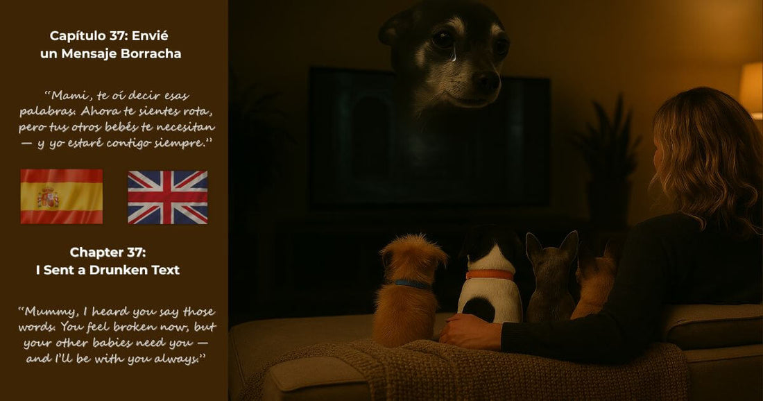 Imagen bilingüe de Encontrando a Mr. George / Finding Mr George – Capítulo 37: Envié un Mensaje Borracha / I Sent a Drunken Text, con George en forma fantasmal vigilando a Christine y sus perros.