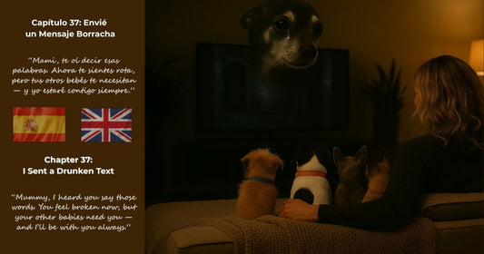 Imagen bilingüe de Encontrando a Mr. George / Finding Mr George – Capítulo 37: Envié un Mensaje Borracha / I Sent a Drunken Text, con George en forma fantasmal vigilando a Christine y sus perros.