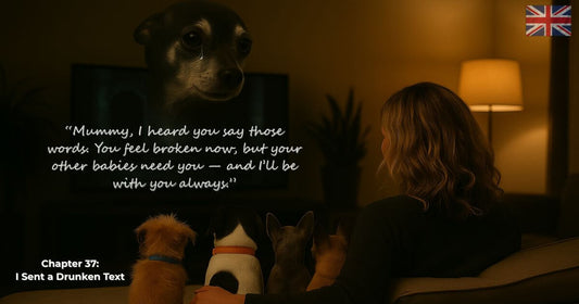 Ghost image of George with a tear watching over Christine and her dogs on the sofa, from Finding Mr. George – Chapter 37: I Sent a Drunken Text.