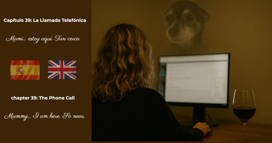 Imagen bilingüe del Capítulo 39 “La llamada telefónica / The Phone Call” del libro Finding Mr. George, con George observando desde la distancia.