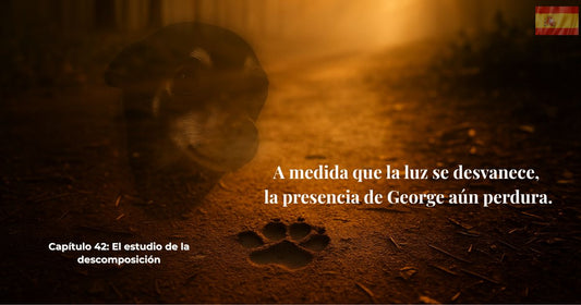 capítulo 42 del libro Finding Mr George. Una huella brilla en la luz del atardecer, símbolo del amor, la pérdida y la presencia que George deja para siempre.