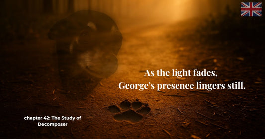 Chapter 42 of the book Finding Mr George. A paw print glows in the fading light, symbolising love, loss, and George’s enduring presence.