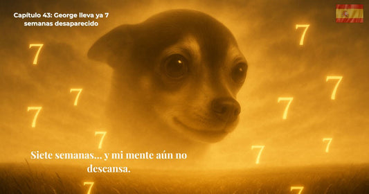 Foto de George el chihuahua rodeado por el número siete, simbolizando las siete semanas desaparecido — Capítulo 43 del libro Encontrando a Mr George.