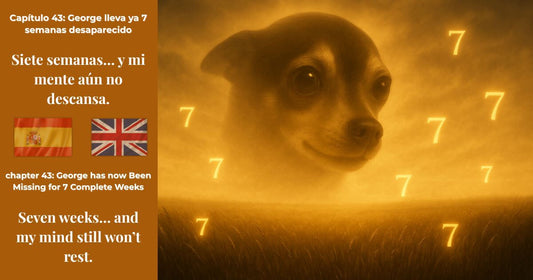 Imagen de George el chihuahua entre números siete, con texto en español e inglés del capítulo 43 de Finding Mr George: “Siete semanas… y mi mente aún no descansa.”