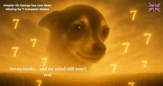 Photo of George the Chihuahua surrounded by number sevens, symbolising seven weeks missing — Chapter 43 of the book Finding Mr George.