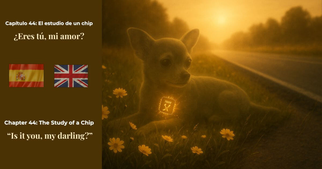Portada bilingüe Cap. 44 — El estudio de un microchip: chihuahua George brillando al atardecer junto a la carretera.
