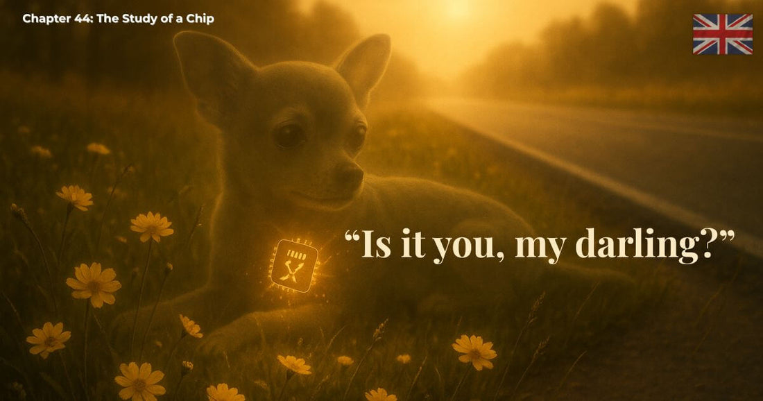 Chihuahua in golden sunrise field glowing with a microchip, symbolising love, loss and hope — Chapter 44.