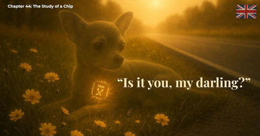 Chihuahua in golden sunrise field glowing with a microchip, symbolising love, loss and hope — Chapter 44.