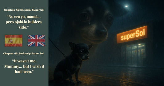 Imagen bilingüe del blog En Busca de George – Capítulo 45: Seriously Super Sol. Un pequeño chihuahua bajo la lluvia frente a un supermercado SuperSol iluminado, con frases en inglés y español sobre la esperanza.