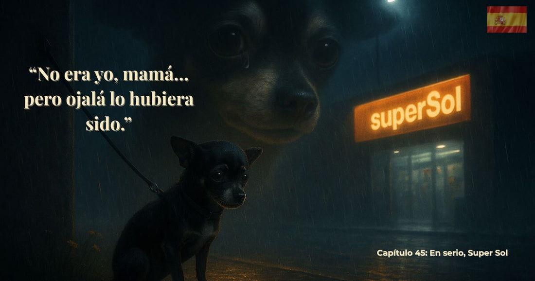 En Busca de George – Capítulo 45: Seriously Super Sol. Un pequeño chihuahua bajo la lluvia frente a un supermercado Super Sol iluminado, con la frase “No fui yo, mamá... pero ojalá lo hubiera sido.”
