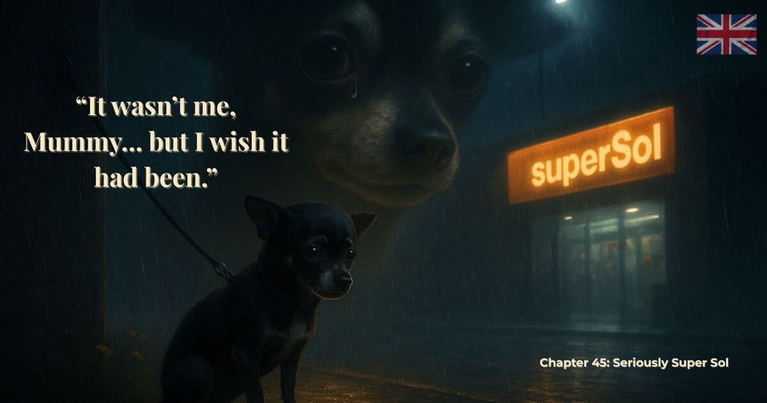Finding Mr George – Chapter 45: Seriously Super Sol. A small Chihuahua stands in the rain outside a glowing SuperSol store at night, with the quote “It wasn’t me, Mummy... but I wish it had been.”