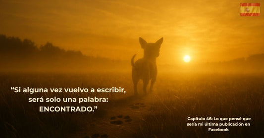 Amanecer dorado con un perro caminando hacia la luz — imagen del libro En Busca de George, Capítulo 46: Mi Última Publicación en Facebook.