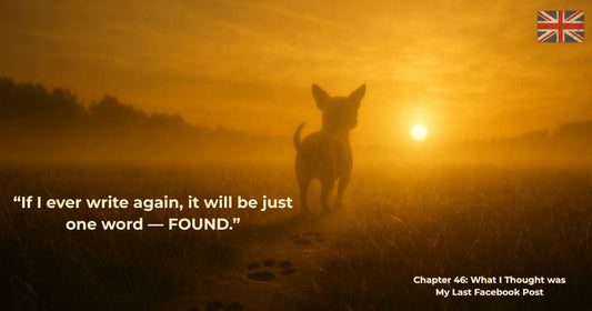 Golden sunrise with a small dog walking into the light — image for Finding Mr George, Chapter 46: What I Thought Was My Last Facebook Post.