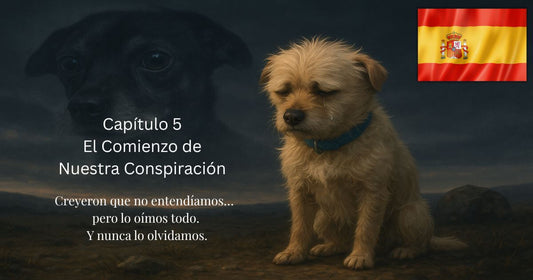 Perro triste con collar azul sentado frente al rostro difuminado de otro perro, con bandera de España.