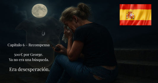 Mujer llorando con móvil bajo la luna, imagen fantasmal de su perro perdido George y bandera de España en la esquina.