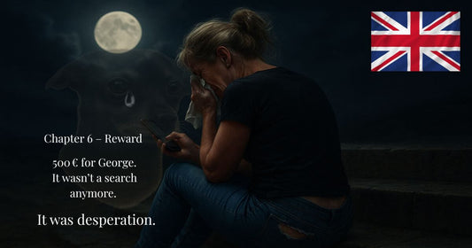Woman crying on steps under moonlight, ghost dog in sky, reward text and UK flag — Chapter 6 blog image.
