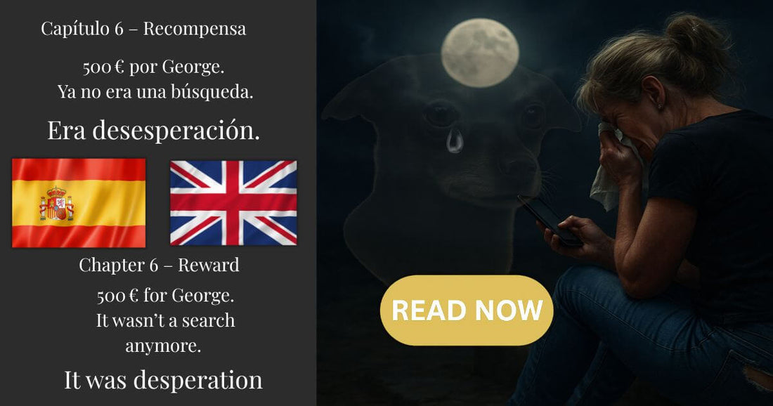 Mujer llorando con teléfono móvil al atardecer, con imagen difusa de perro con lágrima y luna llena, ilustración para Capítulo 6 – Recompensa, historia real de desesperación y búsqueda en Alhaurín el Grande.