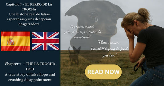 Mujer rubia llorando con perro atado en campo, imagen difusa de perro con lágrima, ilustración para Capítulo 7 – El Perro de La Trocha, historia real de falsas esperanzas y decepción en Alhaurín el Grande.