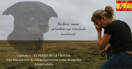 Mujer llorando con perro perdido en el fondo. Capítulo 7 – El Perro de la Trocha, una historia real de pérdida y esperanza rota.