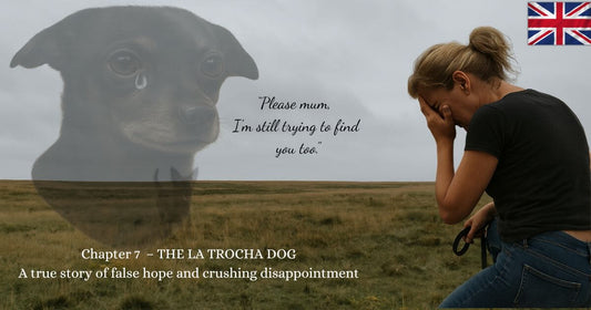 Lost dog grief photo with woman in field. Chapter 7 – The La Trocha Dog, a true rescue story.