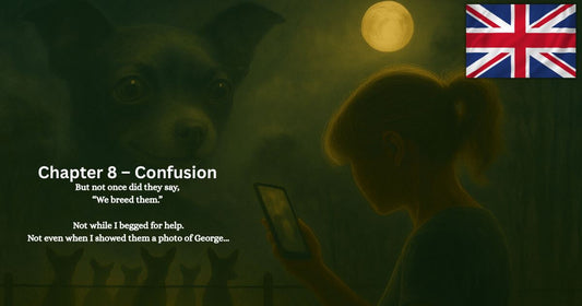 A woman holding a phone stands under moonlight, surrounded by shadowy chihuahuas, with a ghostly image of George the dog above — Chapter 8: Confusion.