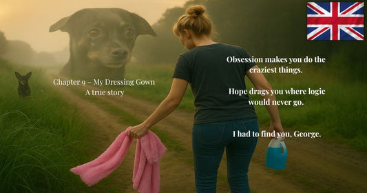 Woman with pink dressing gown searches for lost dog on rural path – true story of love, obsession, and hope.