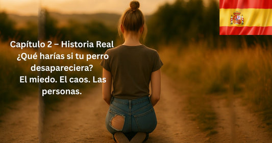 Mujer arrodillada en un camino rural al atardecer, con texto que dice “Capítulo 2 – Historia Real: ¿Qué harías si tu perro desapareciera?”