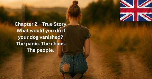 A woman kneeling on a rural path at sunset, text reads “Chapter 2 – True Story: What would you do if your dog vanished?”