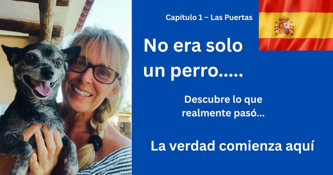 Una foto de la autora con George, un querido chihuahua, con el texto: “No es solo un perro – descubre lo que realmente pasó. La verdad comienza aquí.”