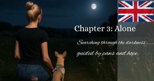A woman searches for her lost dog at night with a flashlight, accompanied by her small Chihuahua in a blue harness.
