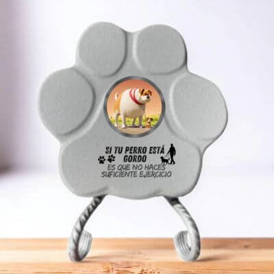 Huella de piedra pequeña gris con soporte, personalizada con foto y frase de humour— un regalo especial para tu mascota.