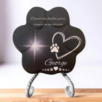 lápida para mascotas con huella de piedra personalizada con nombre, texto y estrella brillante – recuerdo único para perros o gatos fallecidos
