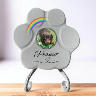 Placa conmemorativa personalizada en forma de huella con foto, nombre y arcoíris sobre soporte — homenaje para perro o gato fallecido.
