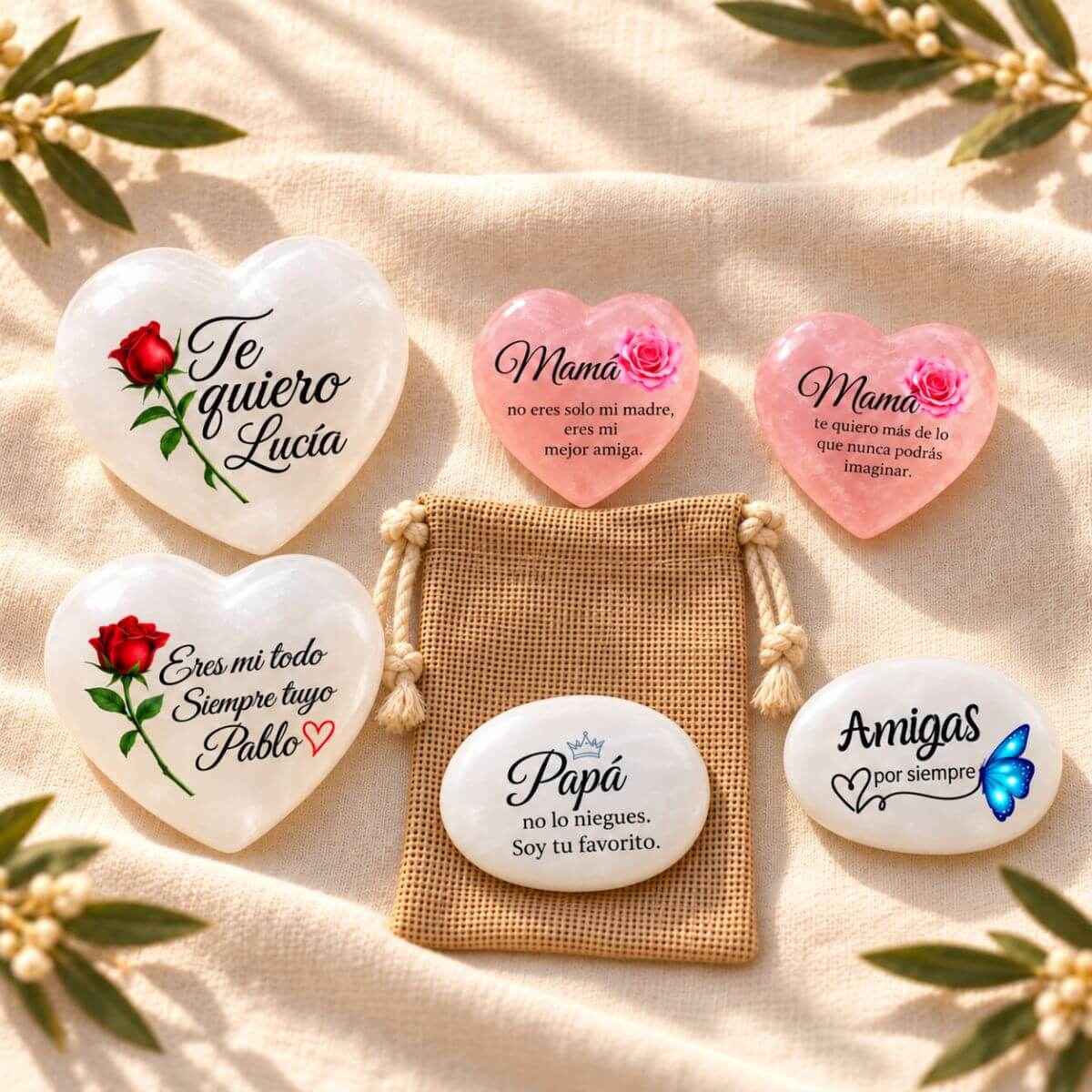 Corazones de selenita y cuarzo rosa y piedras personalizadas con mensajes para mamá, papá, pareja y amigas, sobre lino con una bolsita de yute.