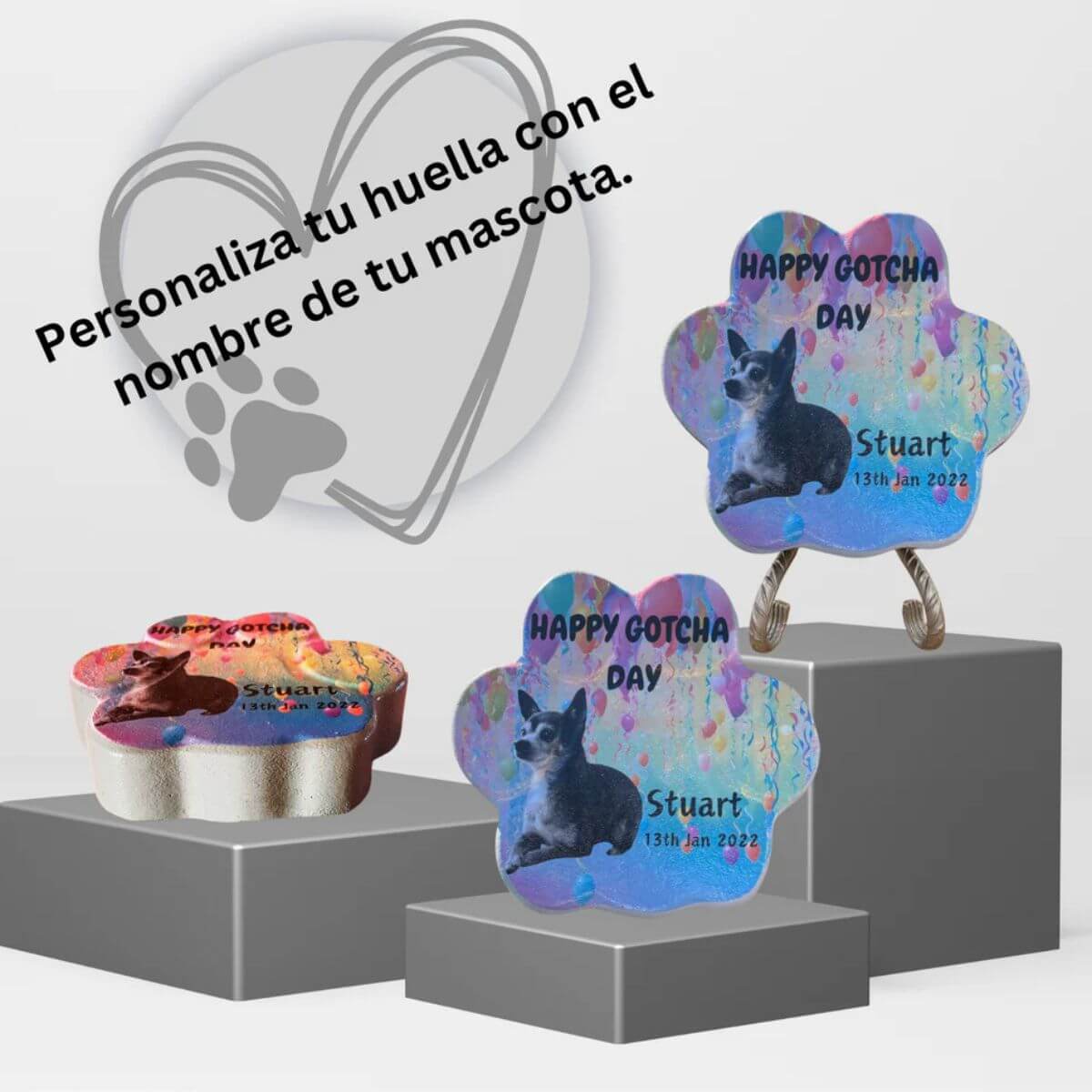Imagen de la huella de piedra personalizada en varias posiciones: sobre el soporte, de pie sin soporte y acostada. Ideal como regalo conmovedor para amantes de las mascotas.

