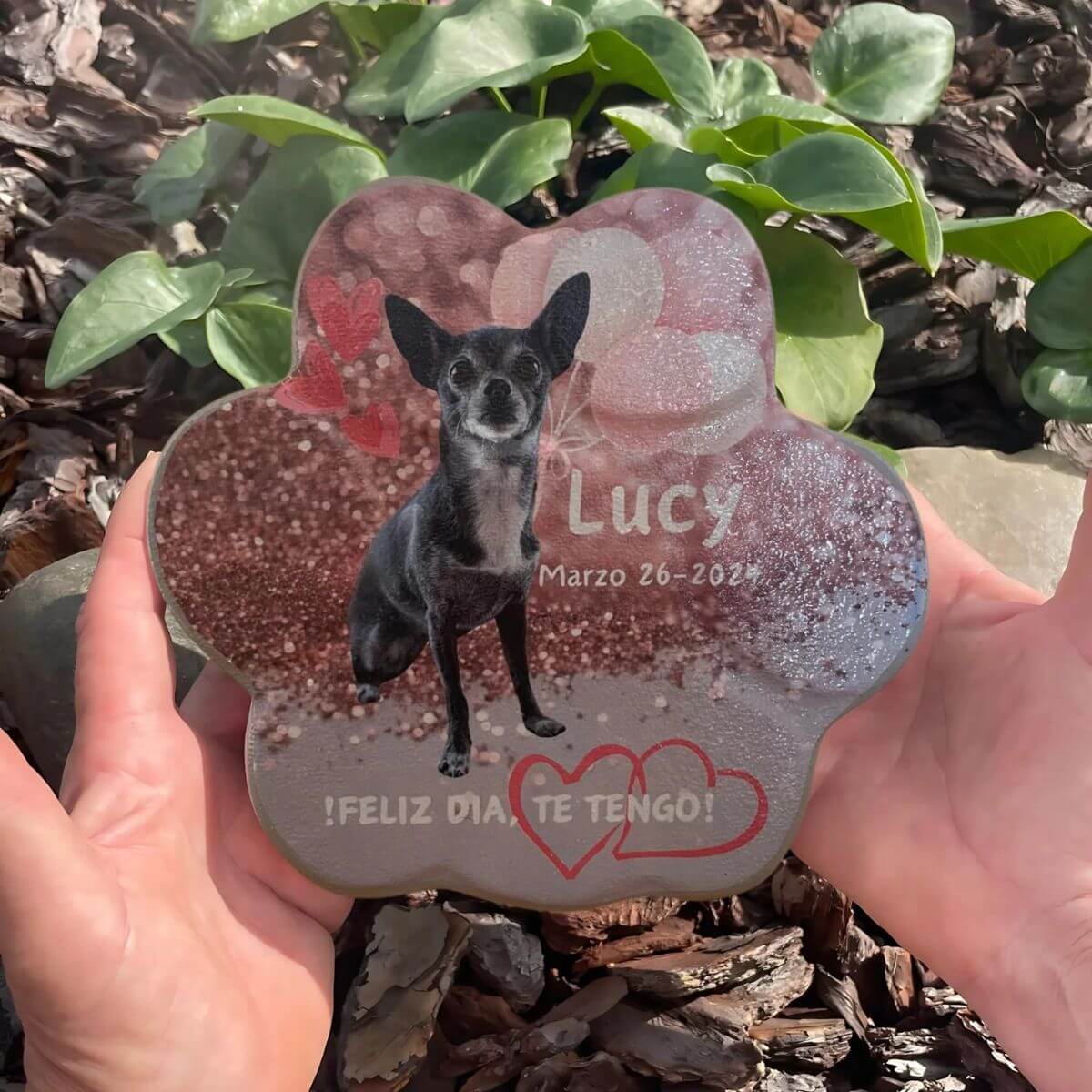 Imagen de la huella de piedra personalizada sostenida en la mano, mostrando su tamaño y detalles del diseño con la foto de la mascota y la frase 'Feliz Día, Te Tengo'.

