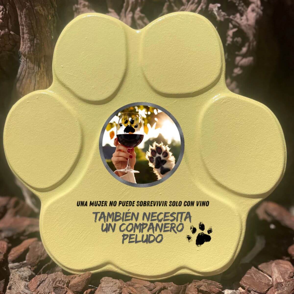 Placa divertida con frase sobre vino y perros, forma de huella grande, color amarillo, sin soporte