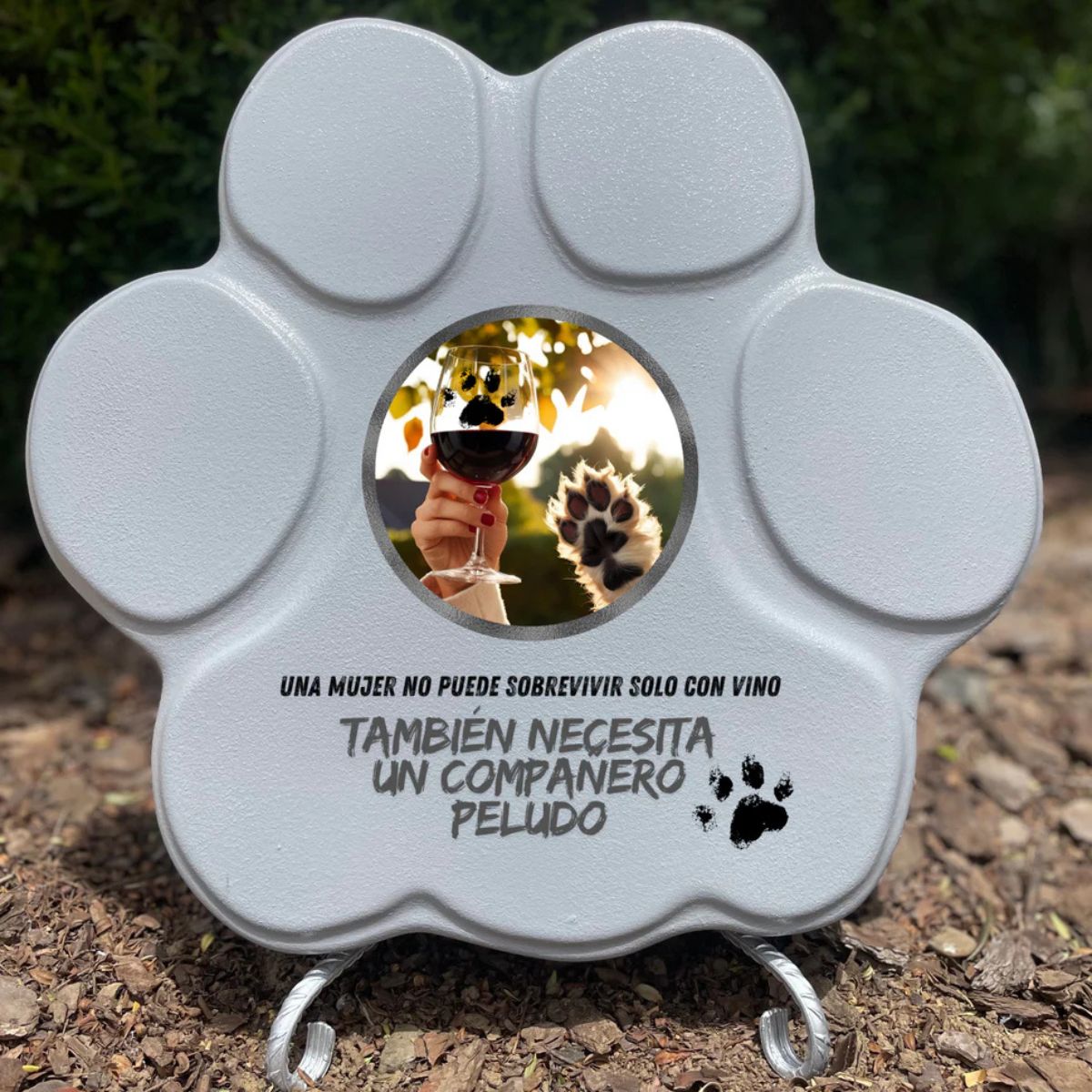 
Placa divertida con frase sobre vino y perros, forma de huella grande, color gris, con soporte

