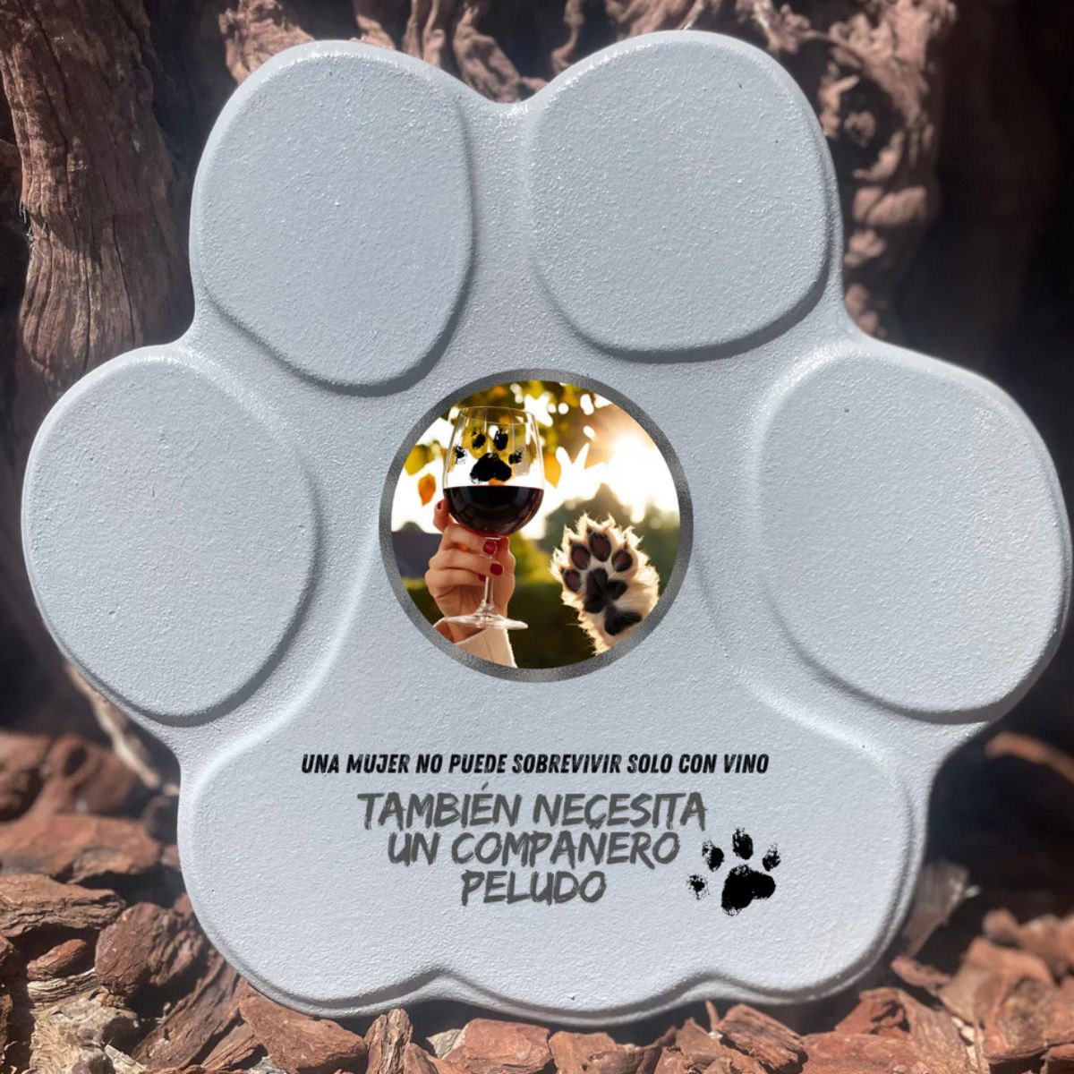 Placa divertida con frase sobre vino y perros, forma de huella grande, color gris, sin soporte

