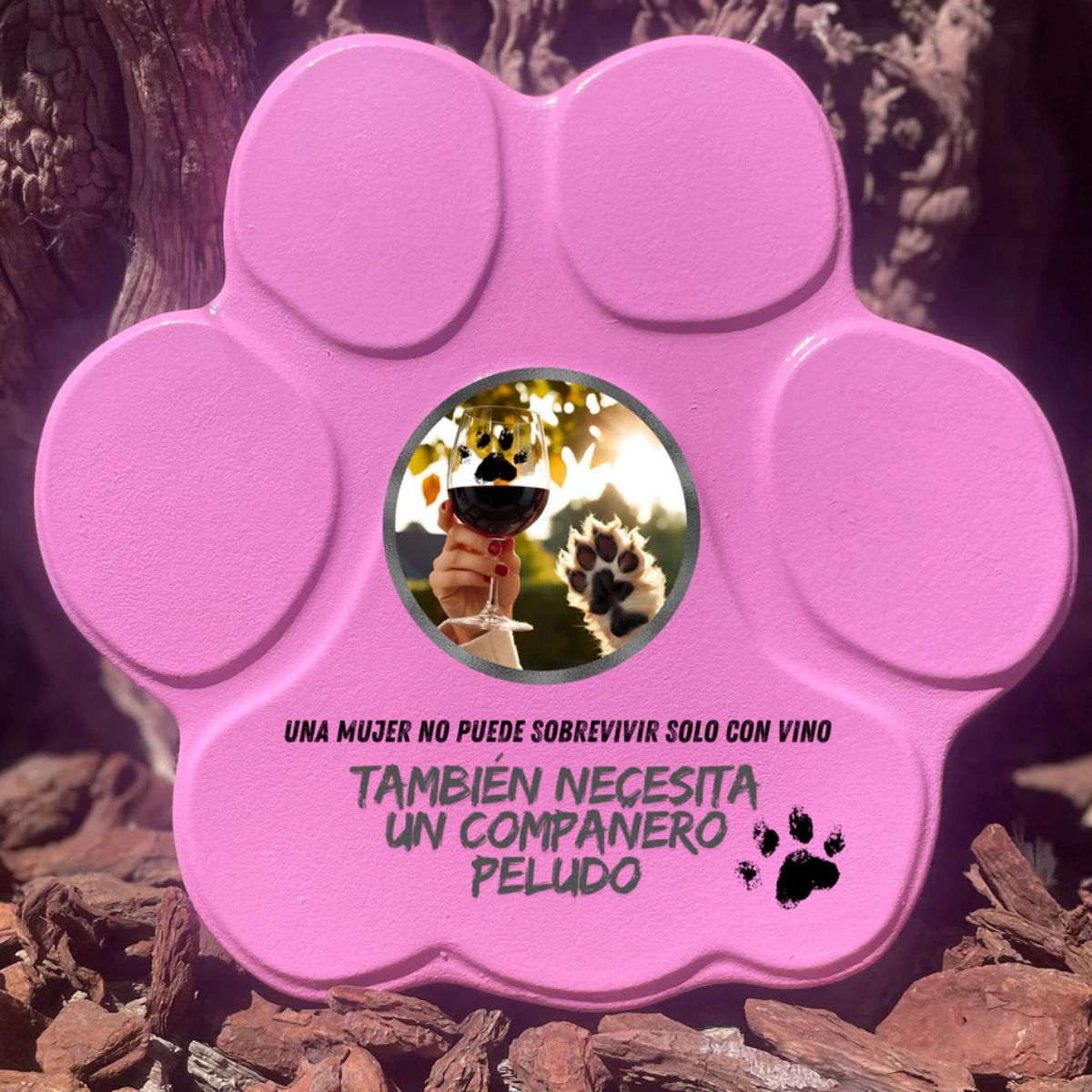 Placa divertida con frase sobre vino y perros, forma de huella grande, color rosa, sin soporte

