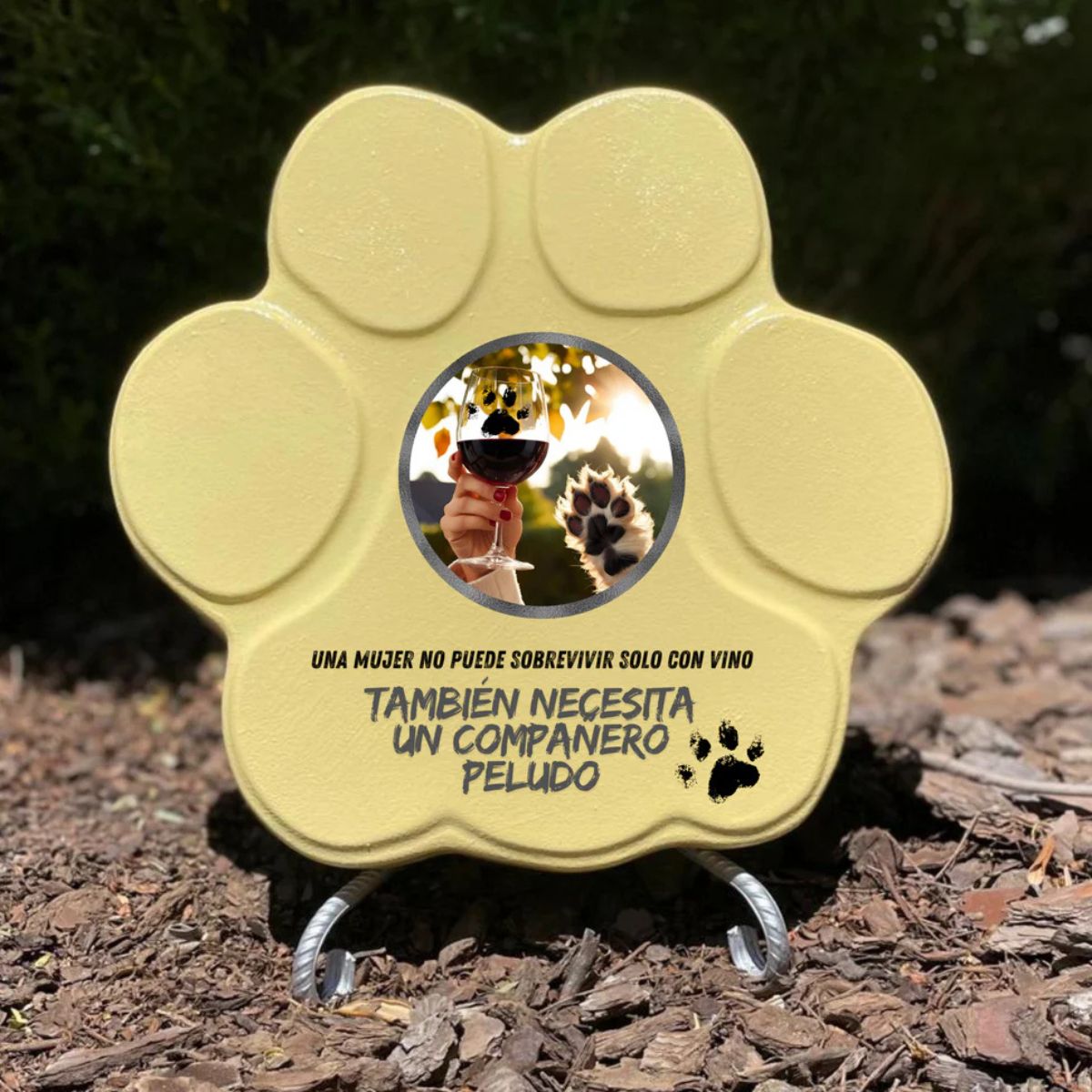 Placa divertida con frase sobre vino y perros, forma de huella mediana, color amarillo, con soporte