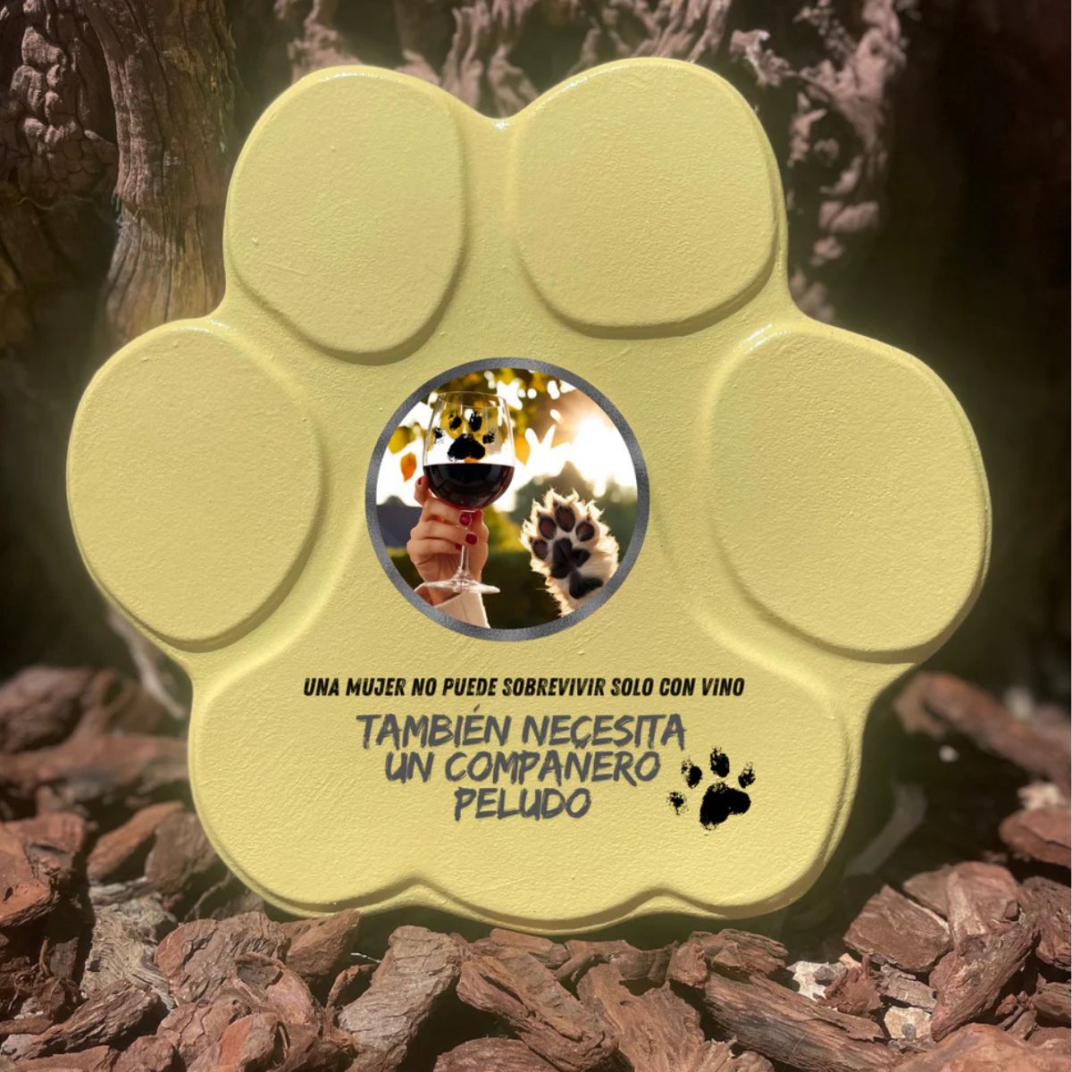 Placa divertida con frase sobre vino y perros, forma de huella mediana, color amarillo, sin soporte