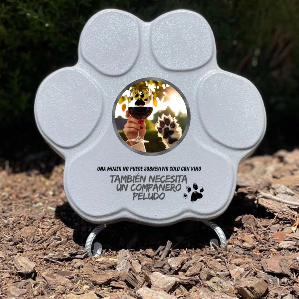 Placa divertida con frase sobre vino y perros, forma de huella mediana, color gris, con soporte
