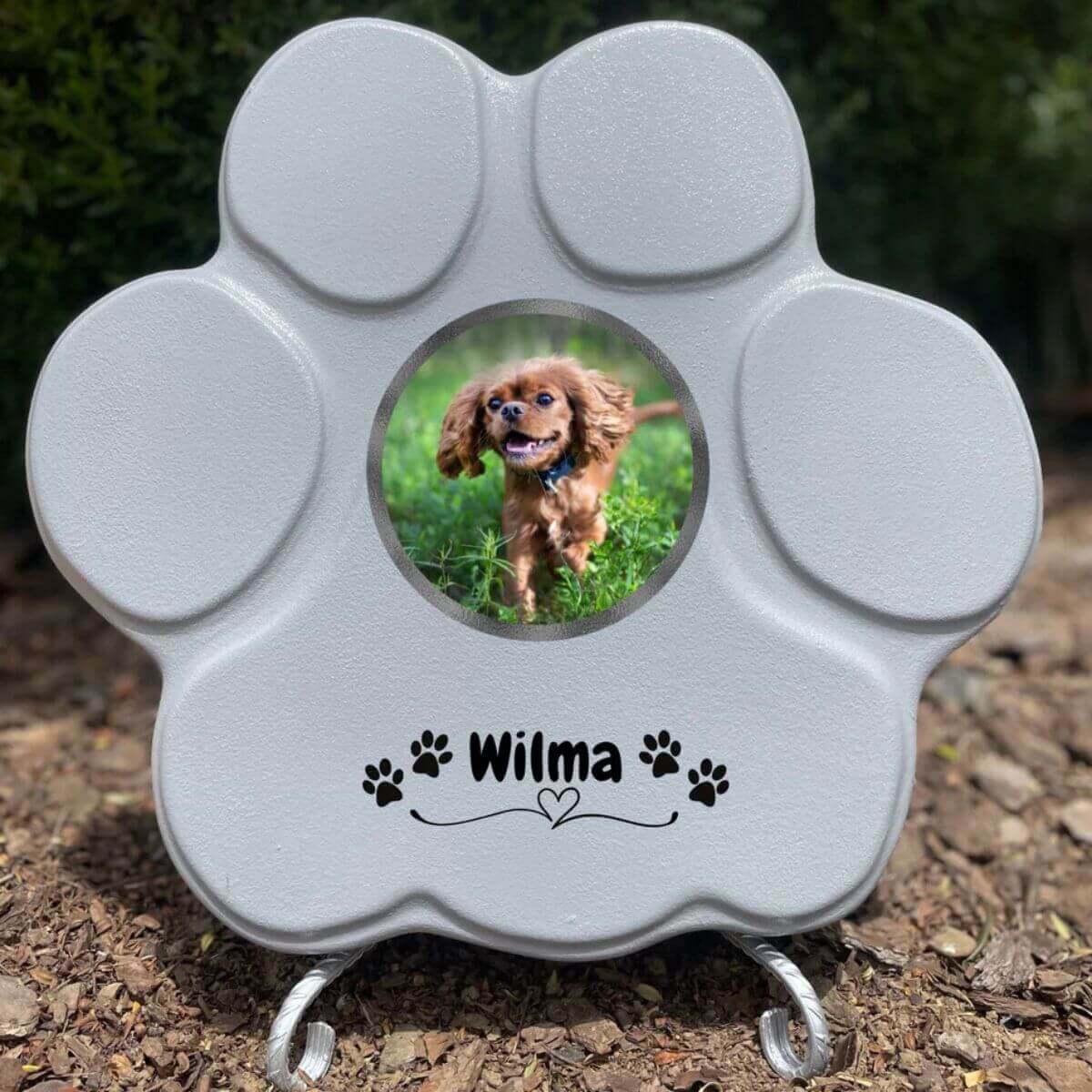 Lápida de piedra gris grande con soporte, personalizada con foto de mascota y texto