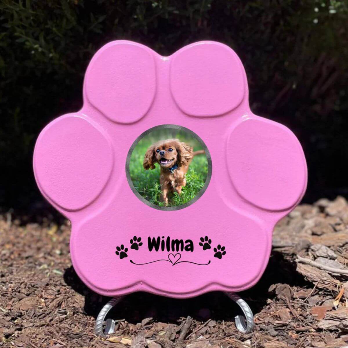 Piedra rosa mediana con soporte, tributo con foto, nombre y diseño de patitas y corazon
