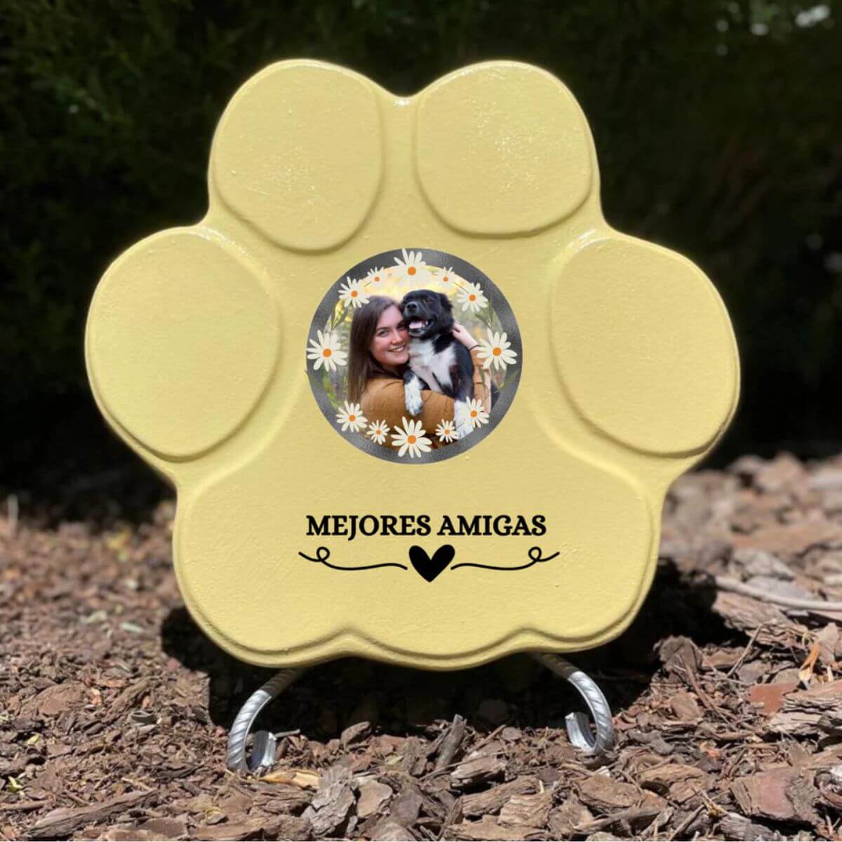Regalo personalizado con foto de mascota, color amarillo, tamaño mediano, con soporte