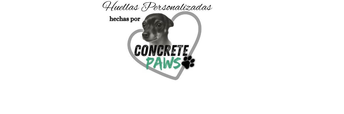 Logo de Concrete Paws con la frase “Huellas Personalizadas hechas por” y la imagen de George, el perrito fundador, dentro de un corazón. Diseño representativo de lápidas para mascotas, huellas de cemento personalizadas y regalos únicos para amantes de los perros y gatos.
