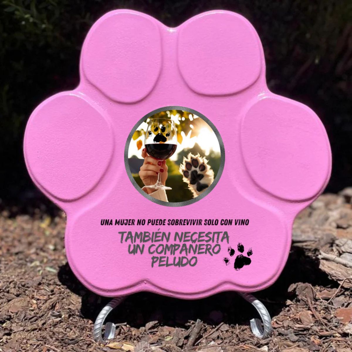 Huella de piedra grande rosa con soporte, con foto y frase de humour— un regalo especial para tu mascota.