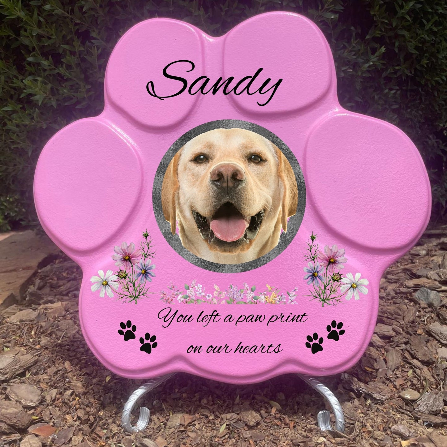 Huella rosa grande con soporte, personalizada con texto y fotografía de tu mascota querida
